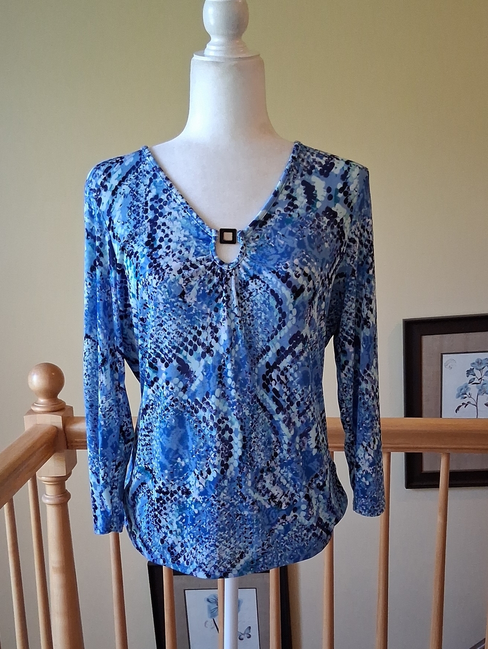 Jaclyn Smith Blue Multi-Print V-Neck Long Sleeve Top with Square Accent